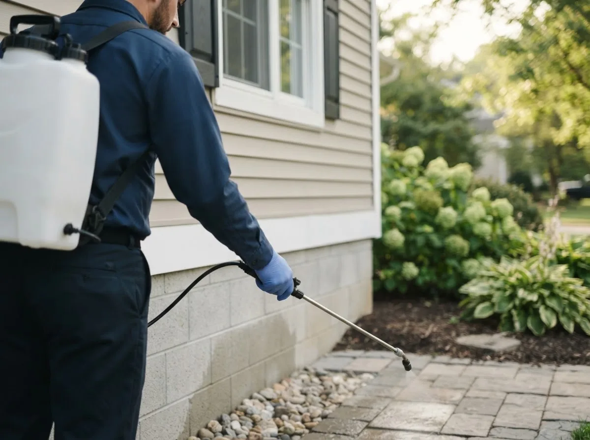 Pest control technician inspecting a home in Paw Paw, MI